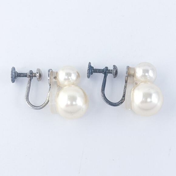 Vintage Sterling Silver 925 Faux Pearl Double Drop Screwback Earrings - Picture 5 of 8